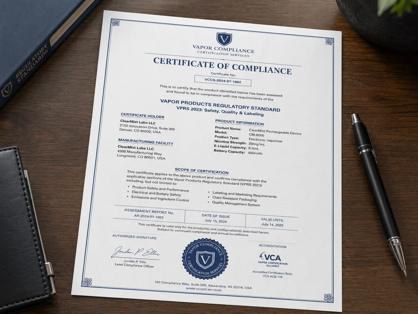 A certificate or document showing vape compliance