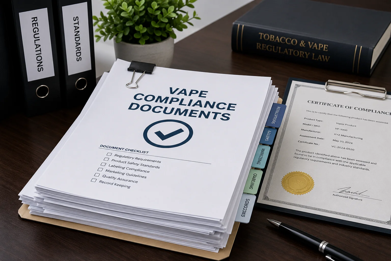 Stack of vape compliance documents with checklist, certificate of compliance, and regulatory folders on a desk.