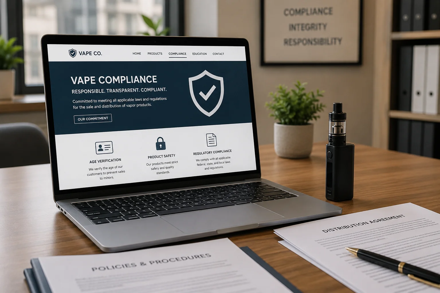Building Compliant Vape Web Pages A desk with a laptop showing a webpage, with legal documents and a vape device on the side