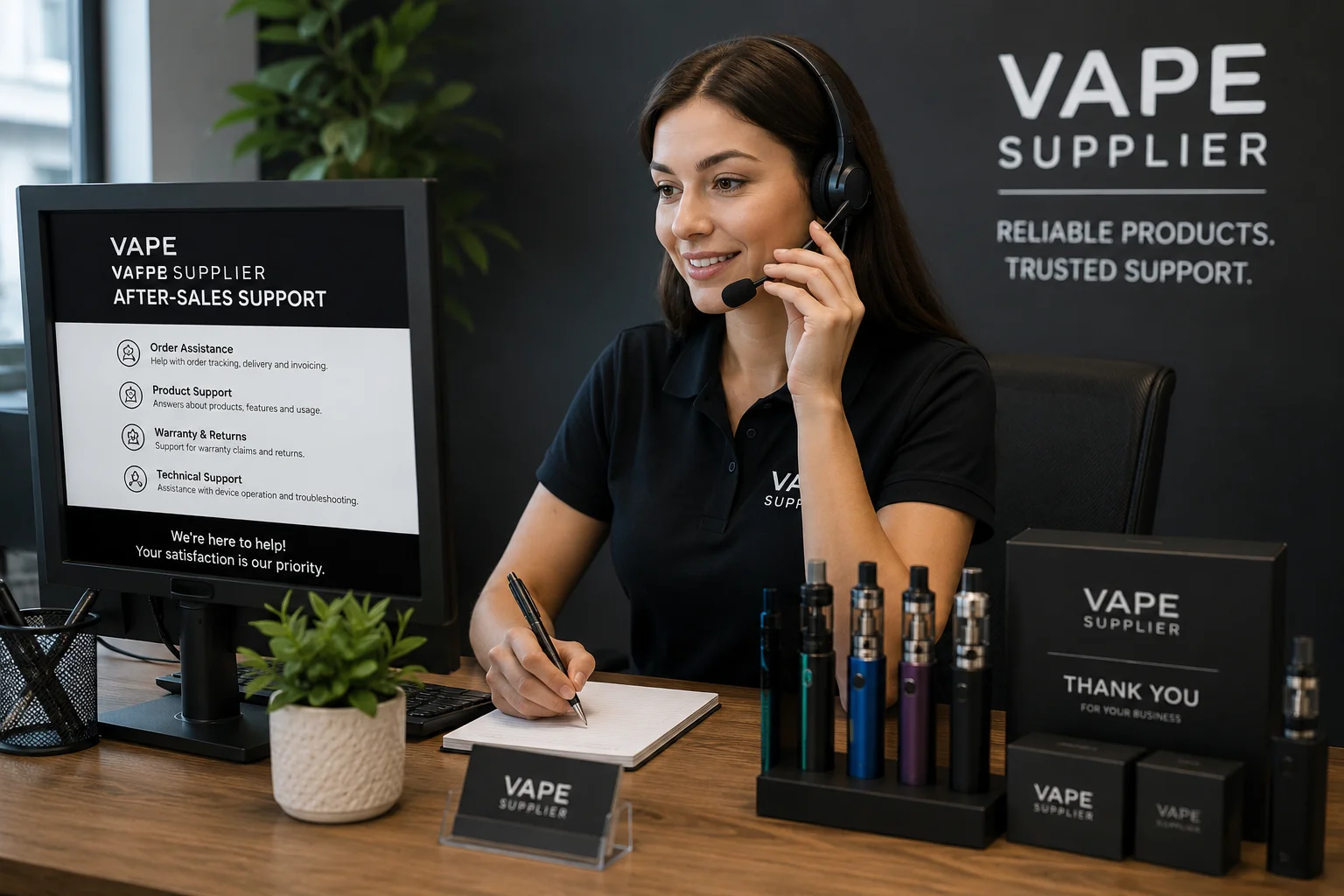 A customer service agent on the phone helping a client