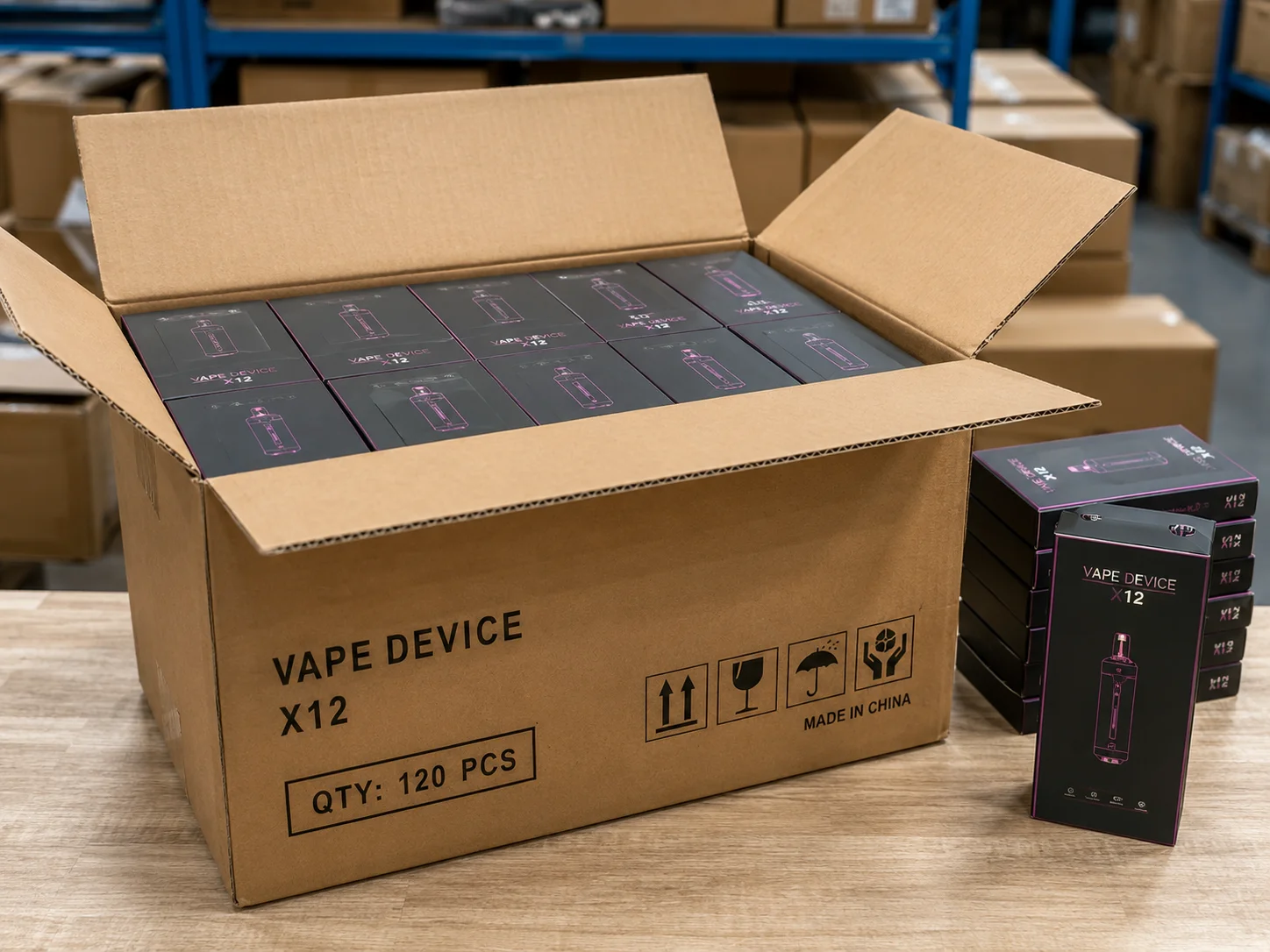 Open cardboard box containing 120 packaged vape devices marked X12, with additional units stacked nearby on a wooden surface in a warehouse.