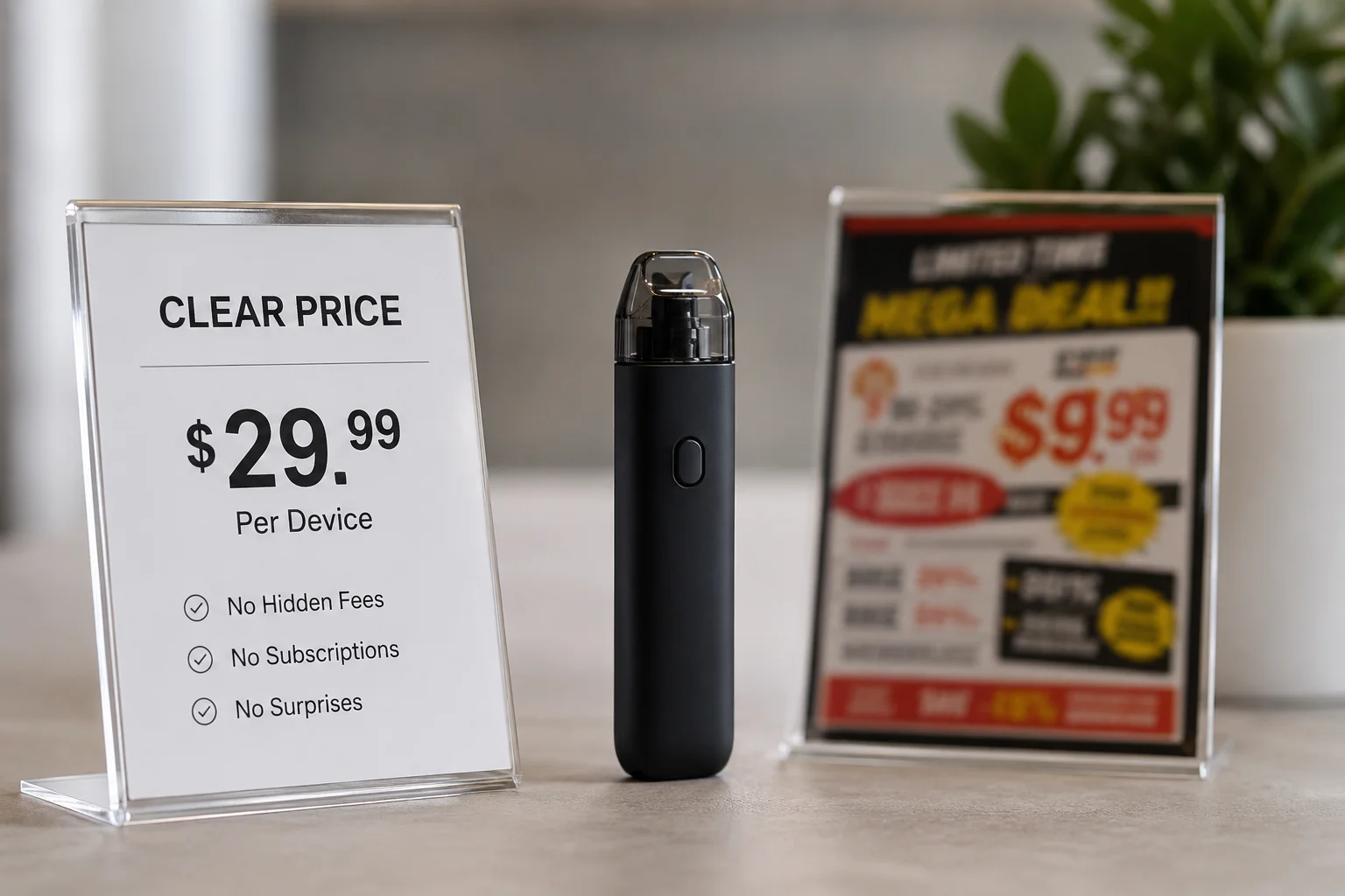 Clear Vape Pricing vs Cheap Vape Pricing A clear price tag on a vape product, contrasted with a blurry, confusing one.