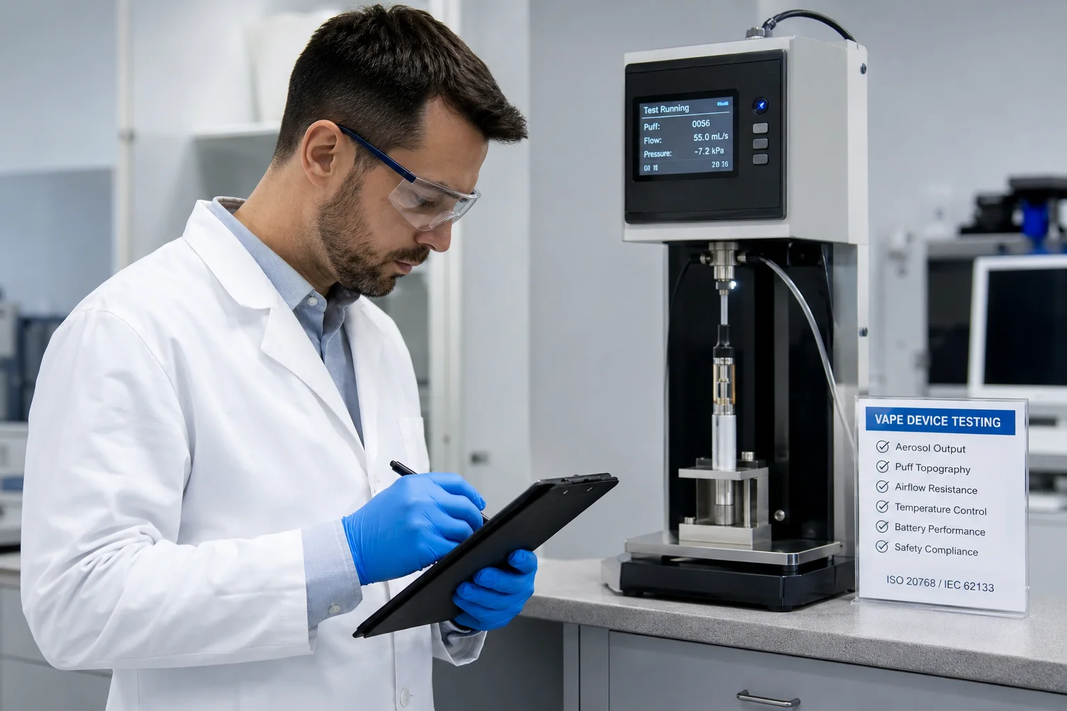 Substantiating Product Claims with Evidence A scientist in a lab coat documenting test results next to a machine testing a vape device