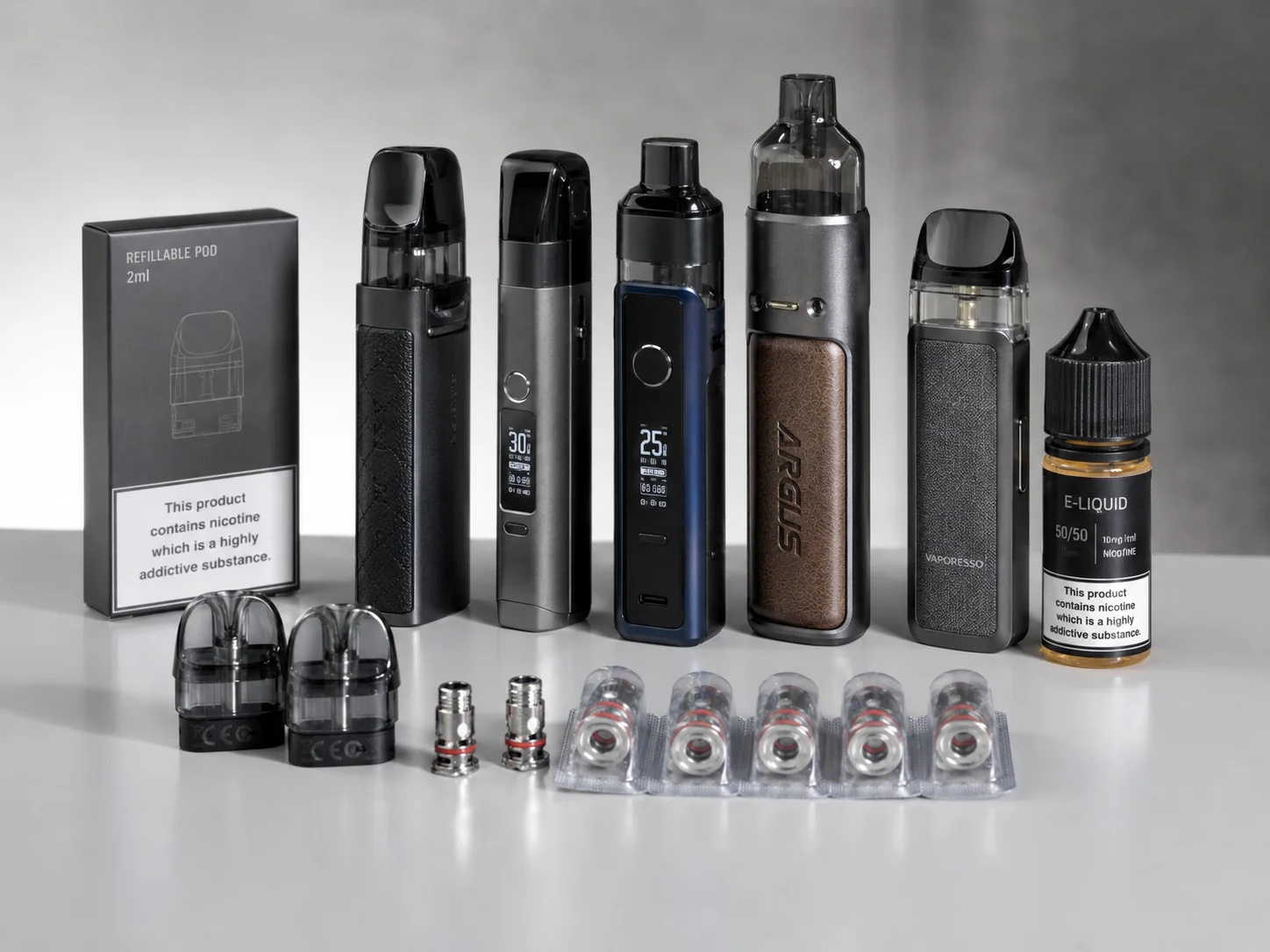 A collection of reusable vape devices and their components like pods and coils