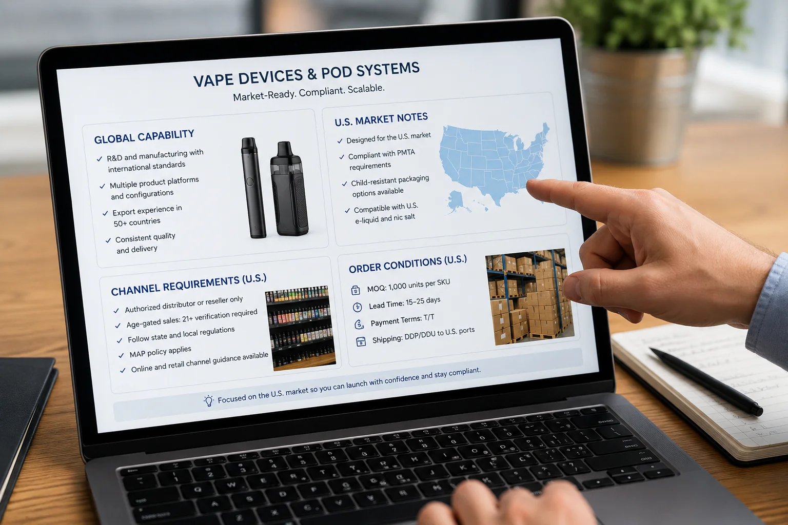 Close-up of a laptop screen showing a presentation on vape devices and pod systems, including U.S. market requirements and global capabilities, with a person pointing at the screen.