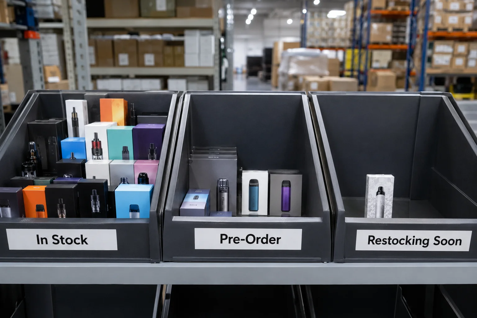 Accurate Vape Stock Status Three warehouse bins labeled "In Stock," "Pre-Order," and "Restocking Soon."