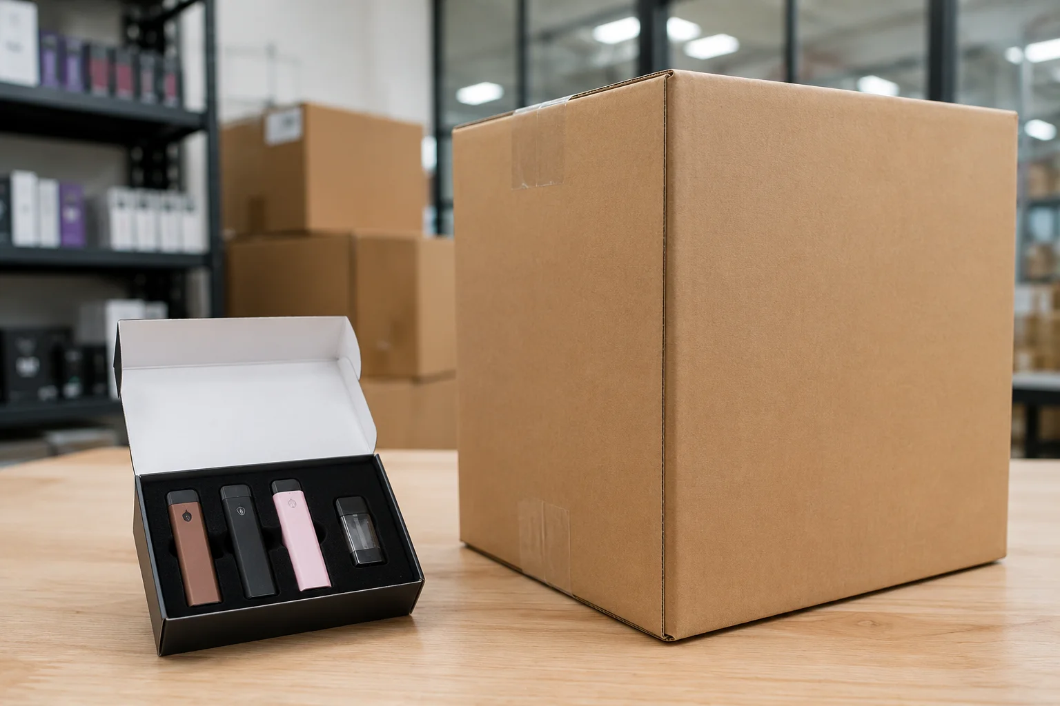 Open vape kit box with sleek devices and a cartridge alongside a large cardboard box on a wooden table in a warehouse setting.
