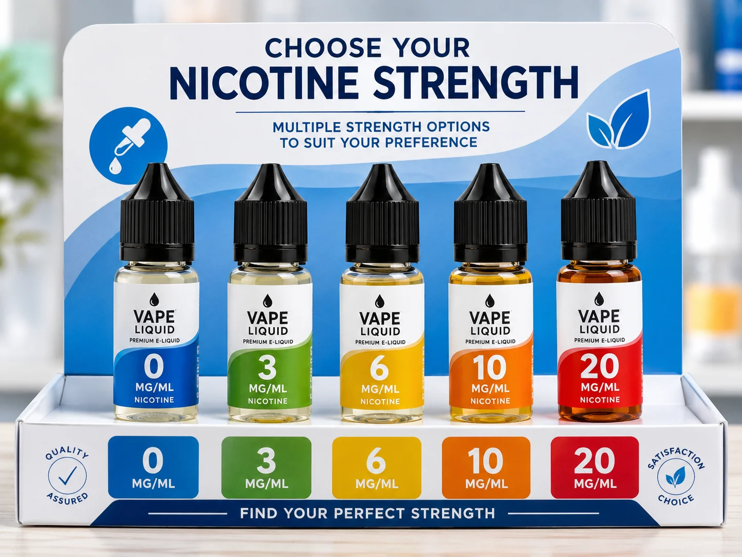 A display showing vape e-liquids in various nicotine strengths