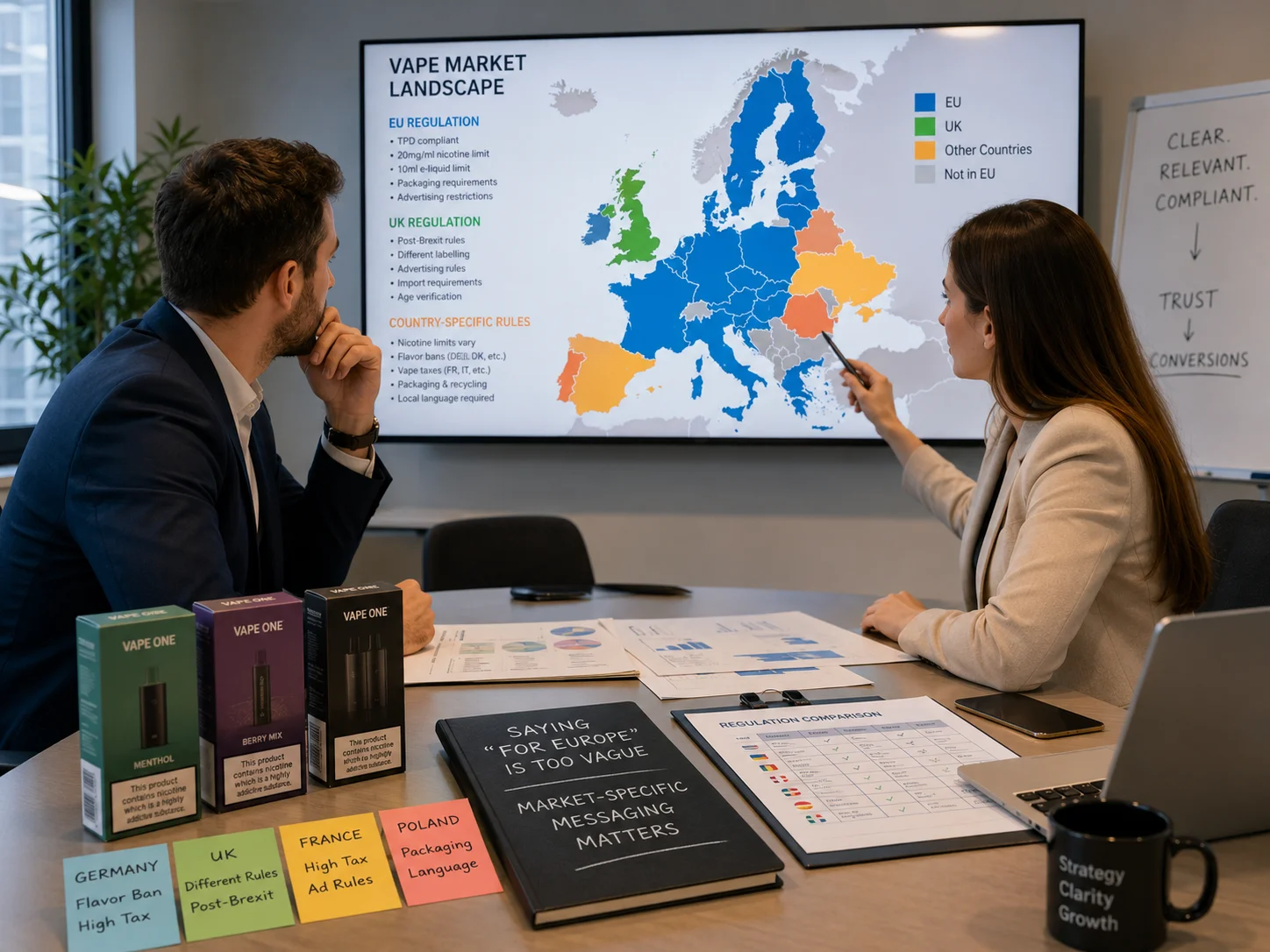 Two business professionals analyzing a map and regulations on vape markets in Europe during a meeting, with vape product samples on the table.