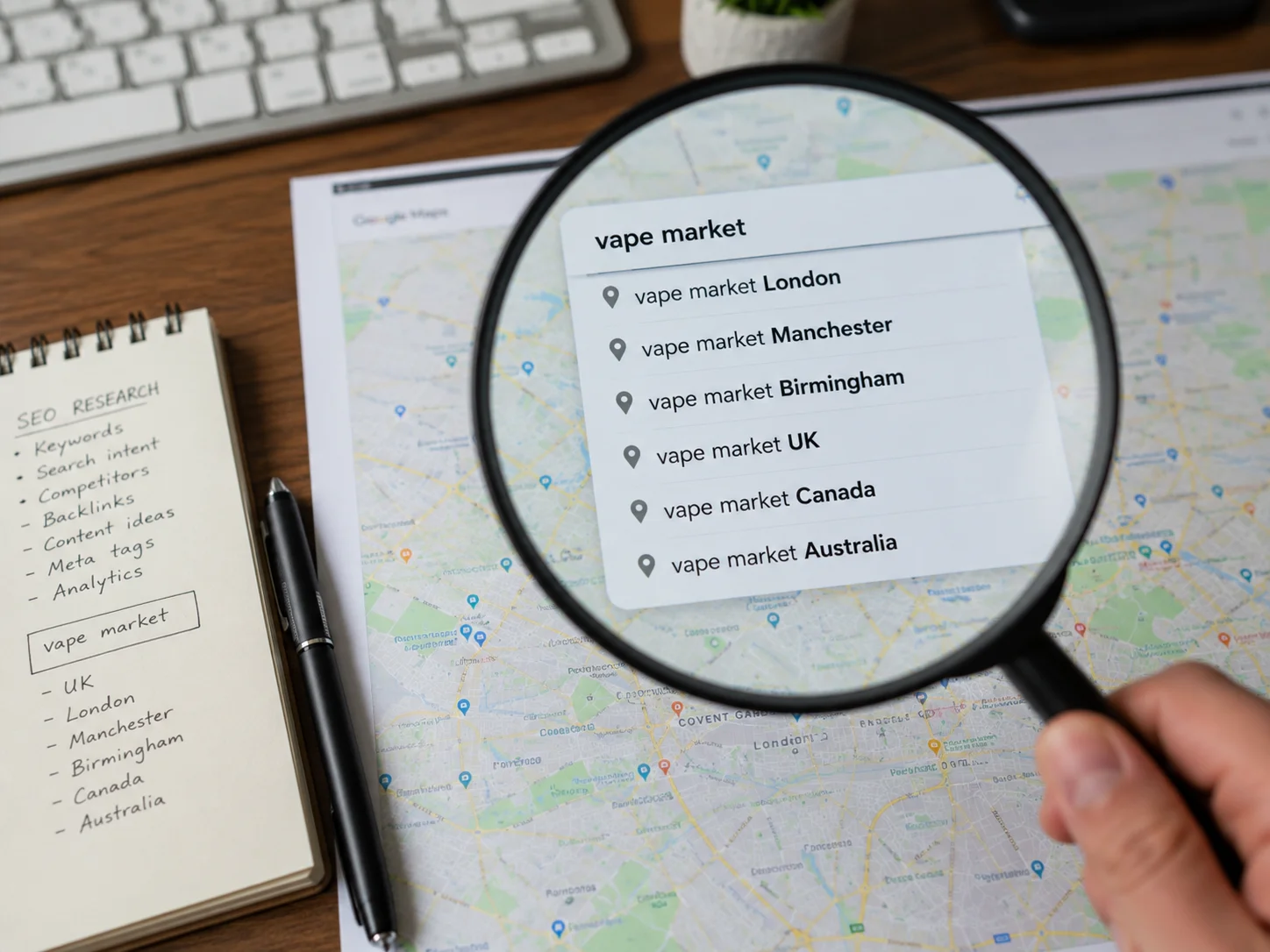 Regional SEO Keywords for Vapes A magnifying glass over a map, highlighting specific local keywords