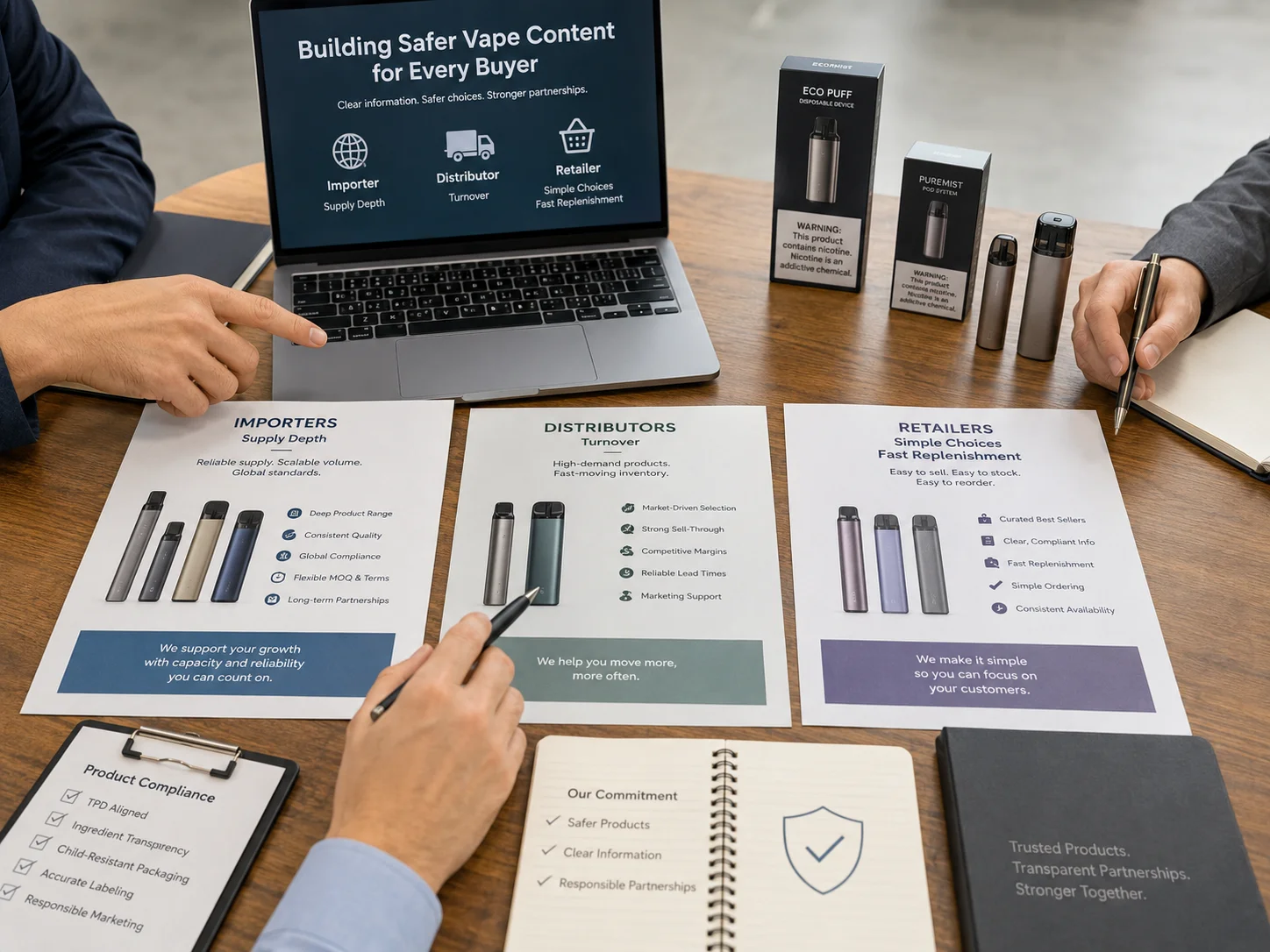 Close-up of a business discussion about vape marketing strategies with documents, product samples, and a laptop display on a table.