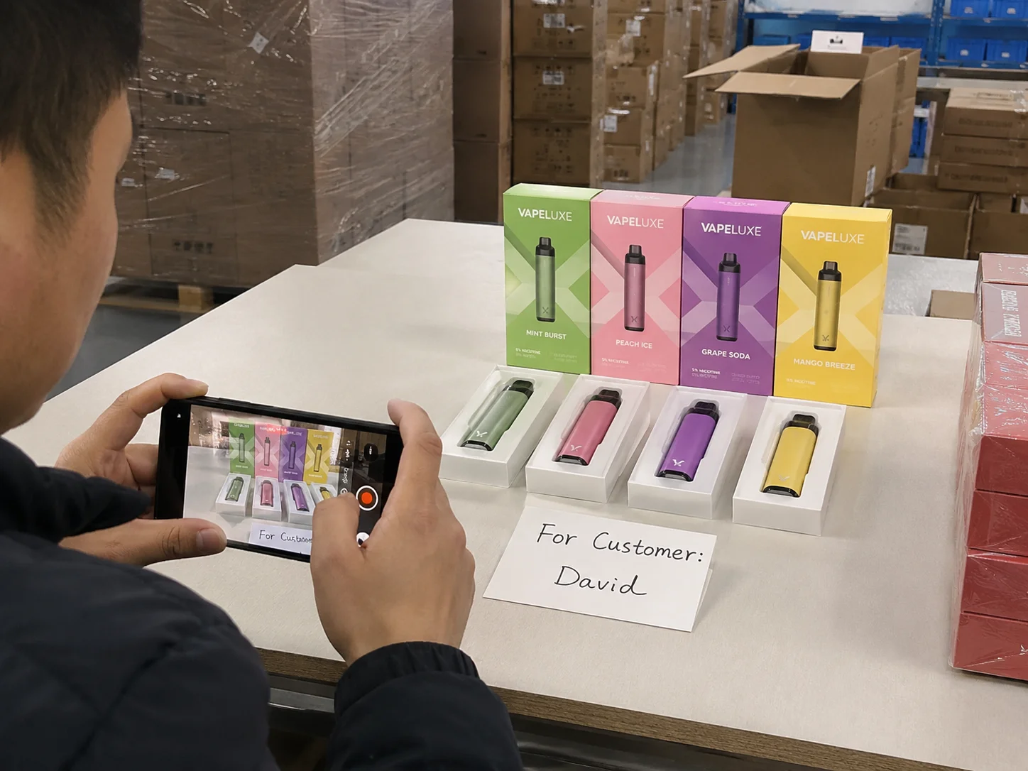 A supplier taking a video of products with a note showing the customer's name