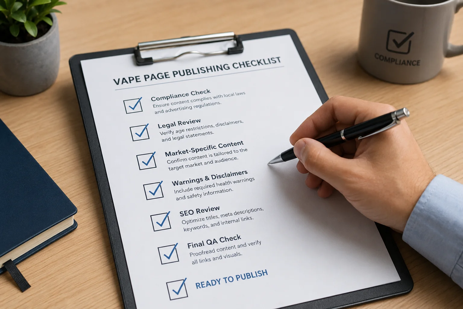 Vape Page Publishing Checklist A checklist on a clipboard being ticked off before publishing a webpage