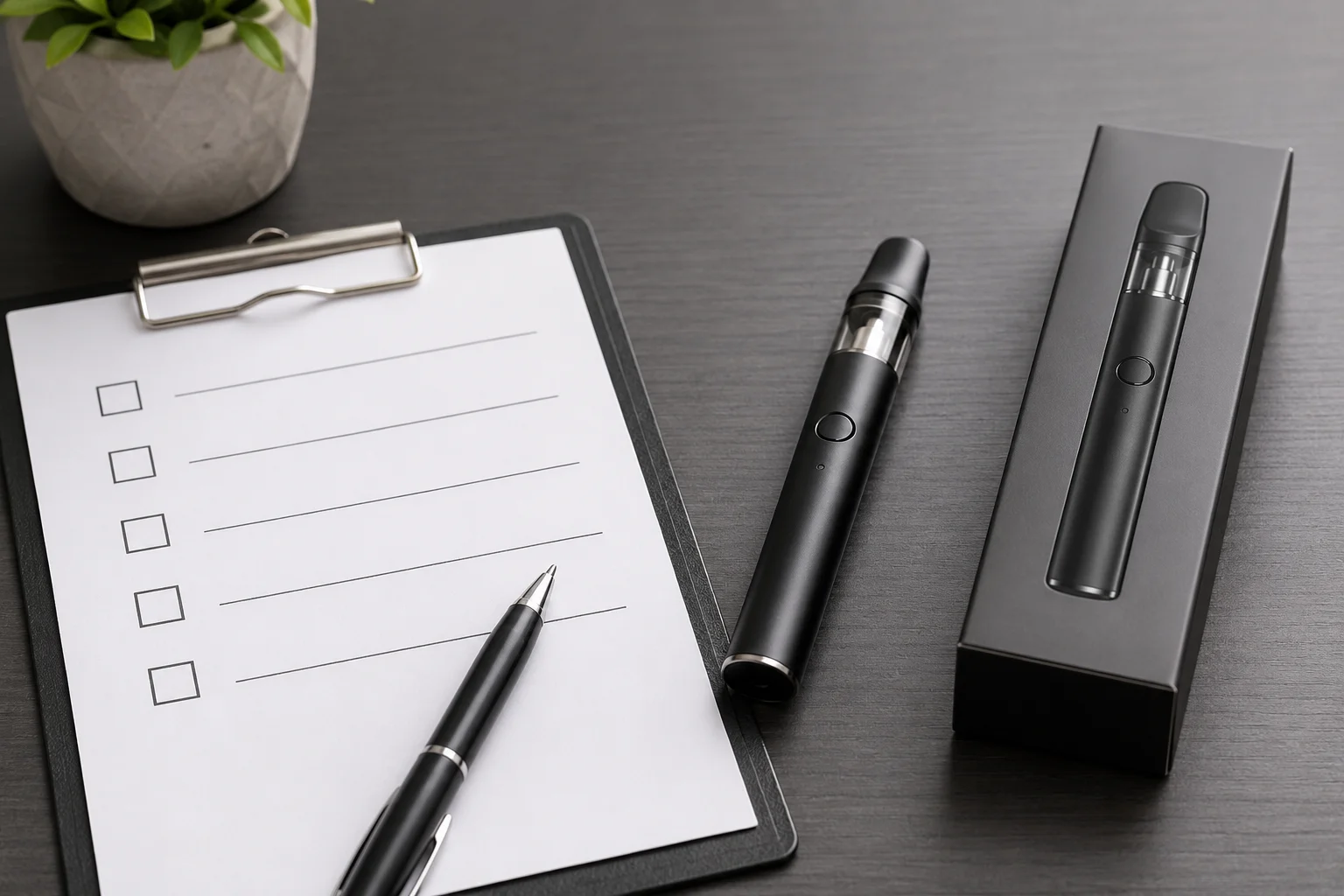 A checklist next to a vape pen and its packaging