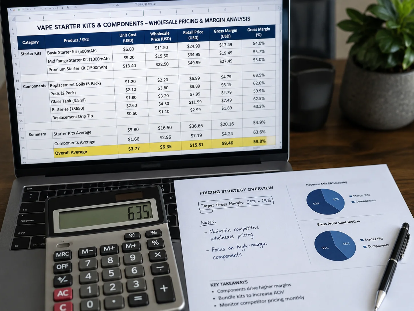 A calculator and spreadsheet showing pricing models for vape starter kits and components