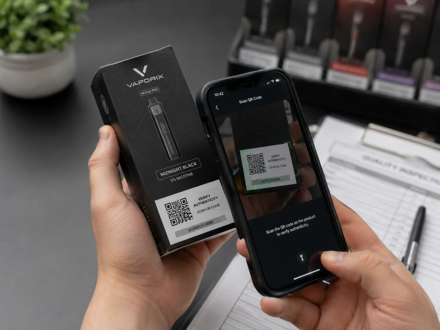 Scanning a QR code on a vape package with a phone