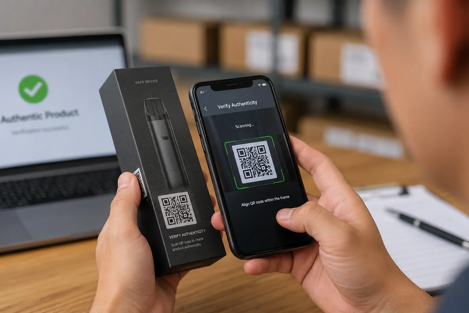 A person scanning a QR code on a vape box with their phone