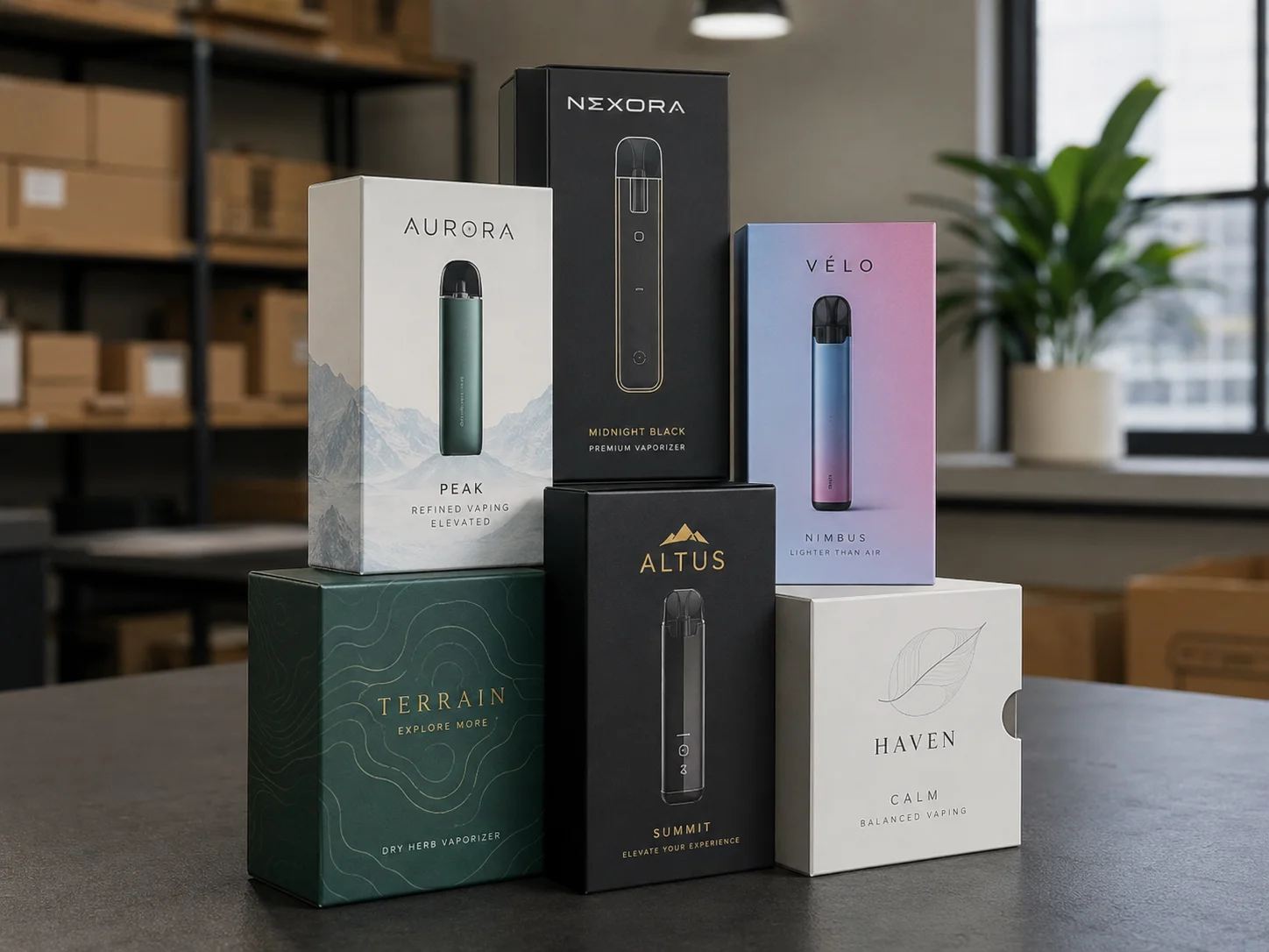 A pile of different branded vape boxes