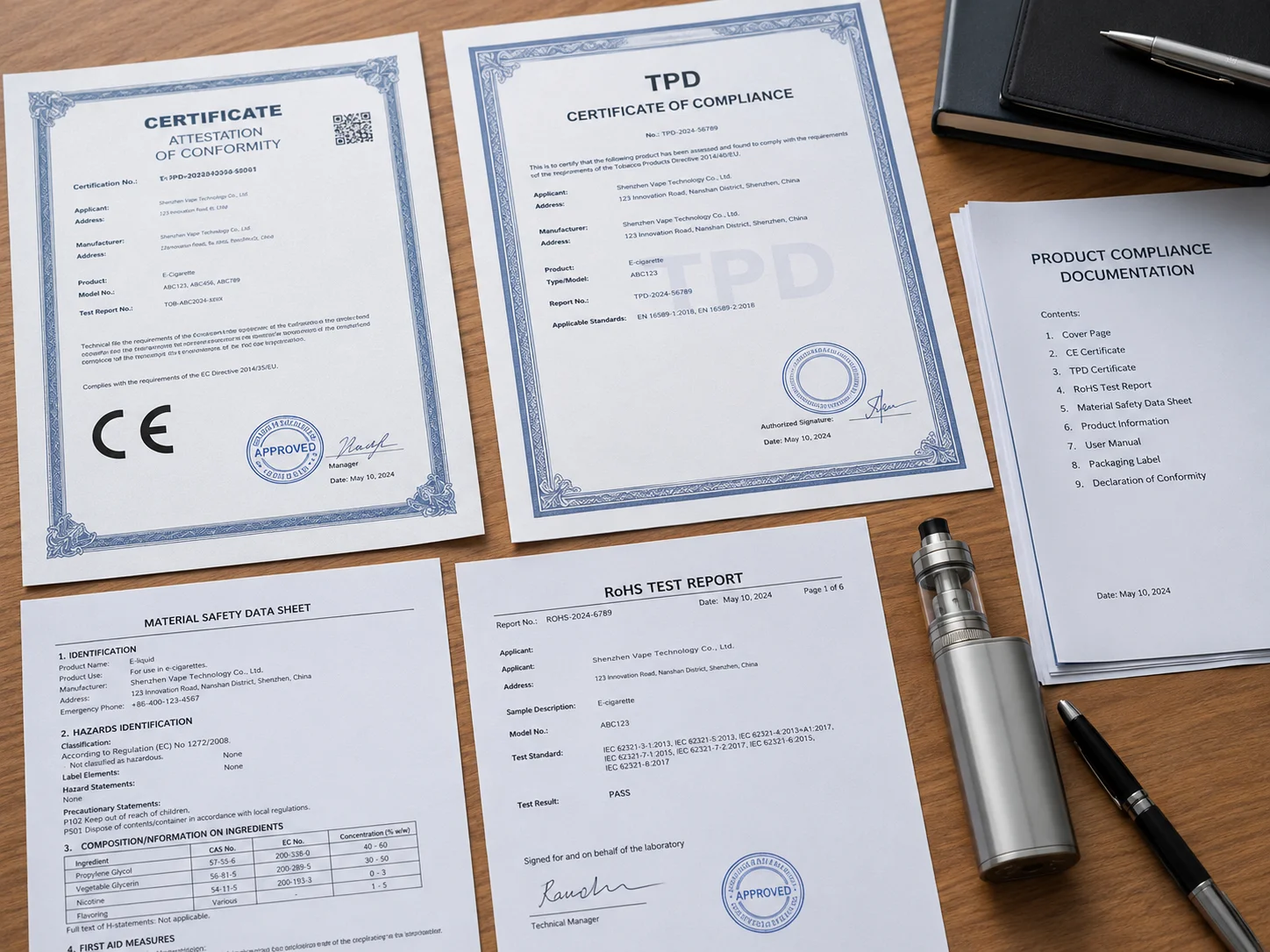 Vape Compliance Documentation A close-up of compliance documents like CE and TPD certificates for vape products