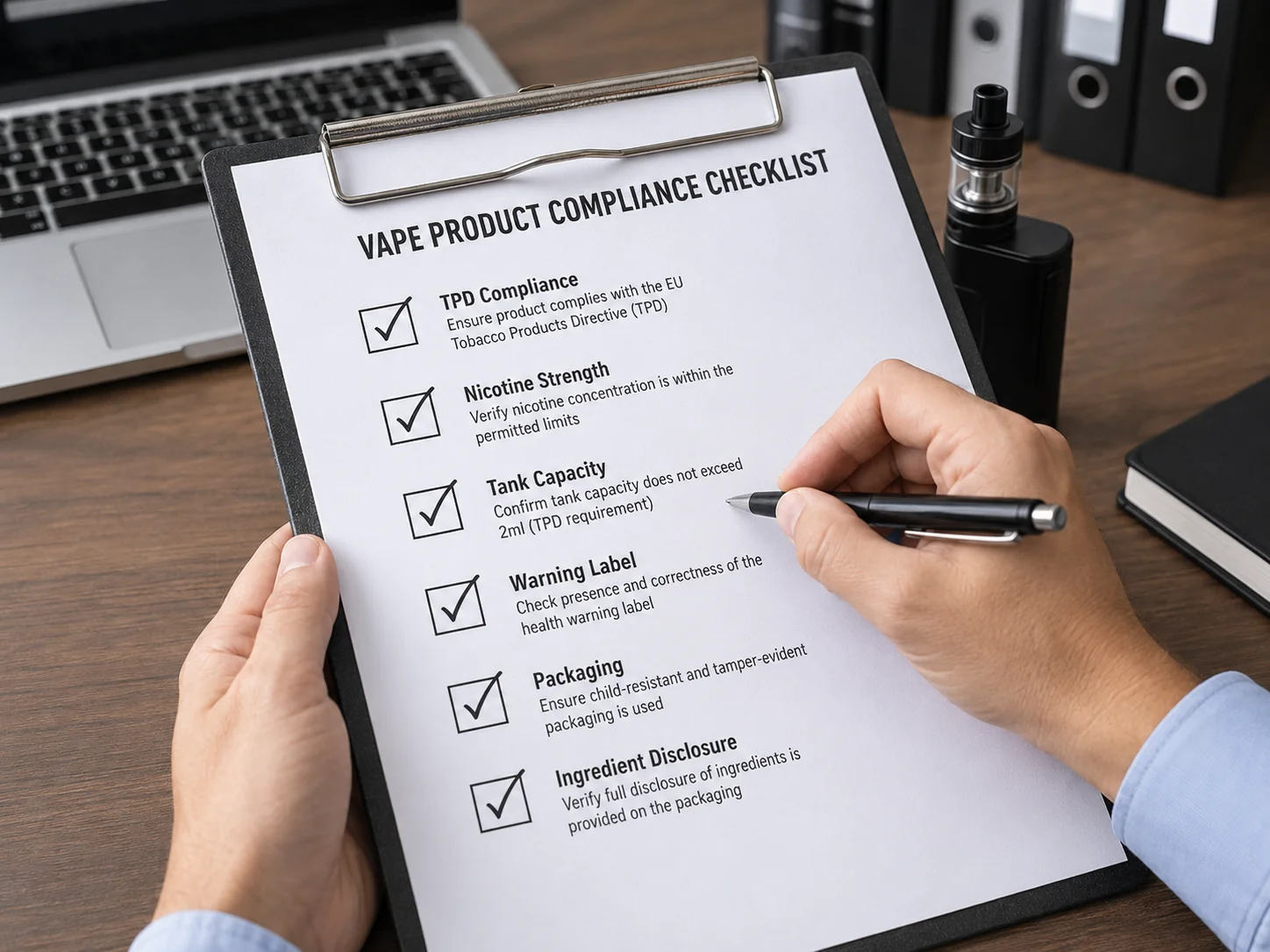 A person checking off items on a compliance checklist on a clipboard