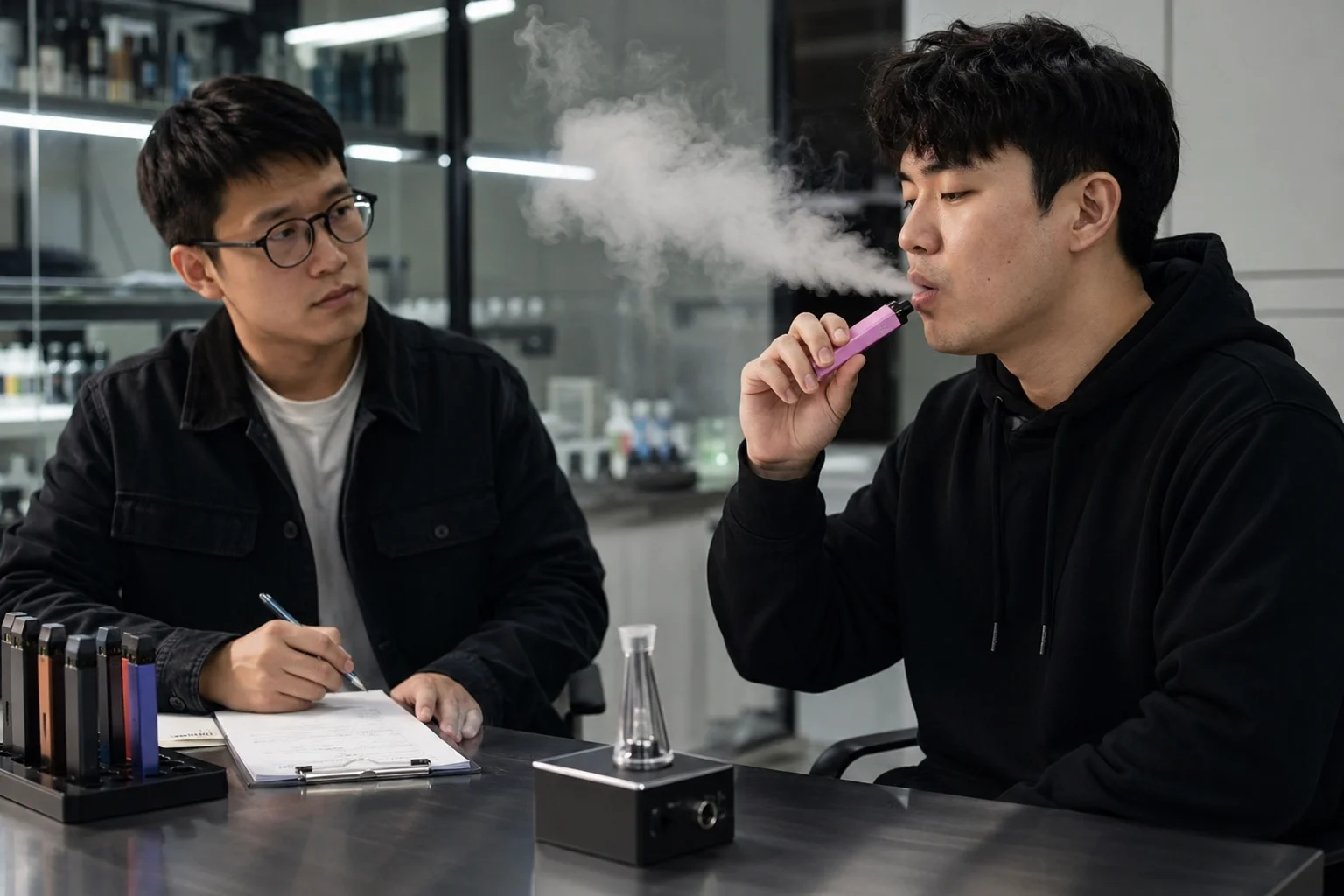 A person testing the airflow and vapor of a disposable vape