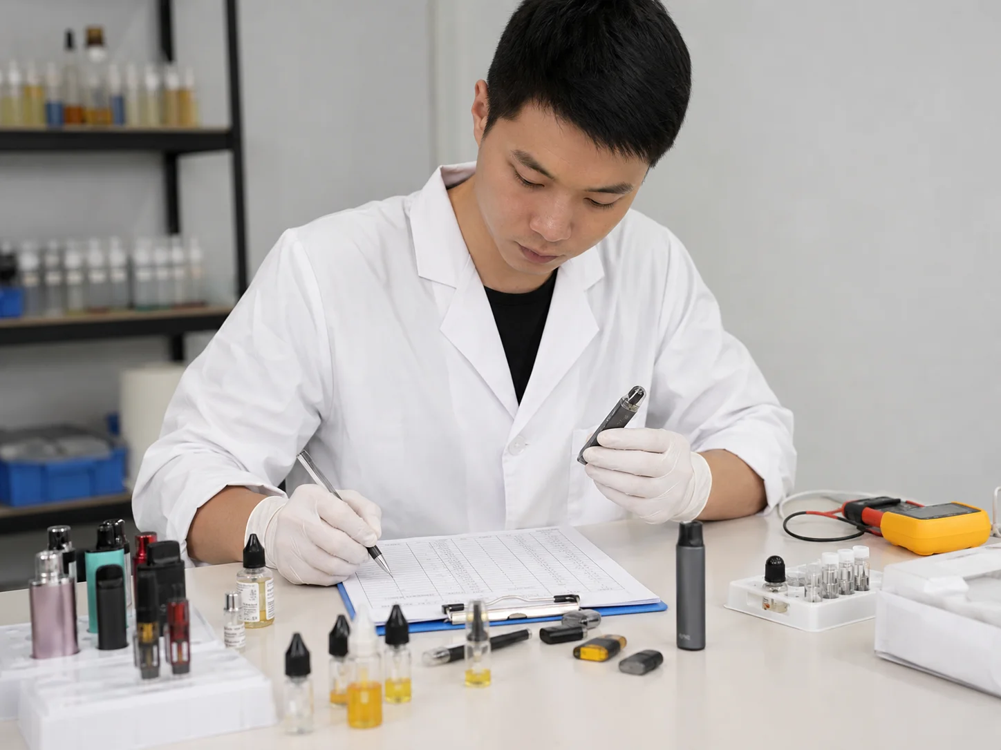 Testing a vape supplier before a bulk order a scientist looking at a test tube