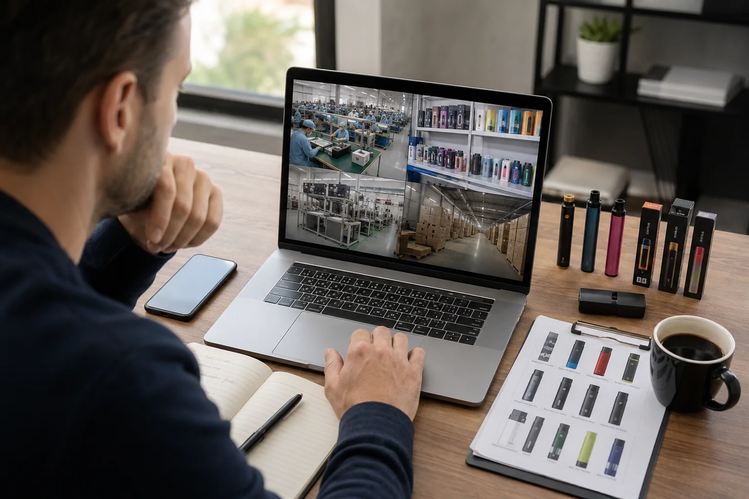 A person seated at a desk looking at a laptop showing factory images, vape products, and warehouse storage. Also visible are vape samples, product sheets, a notebook, and coffee.