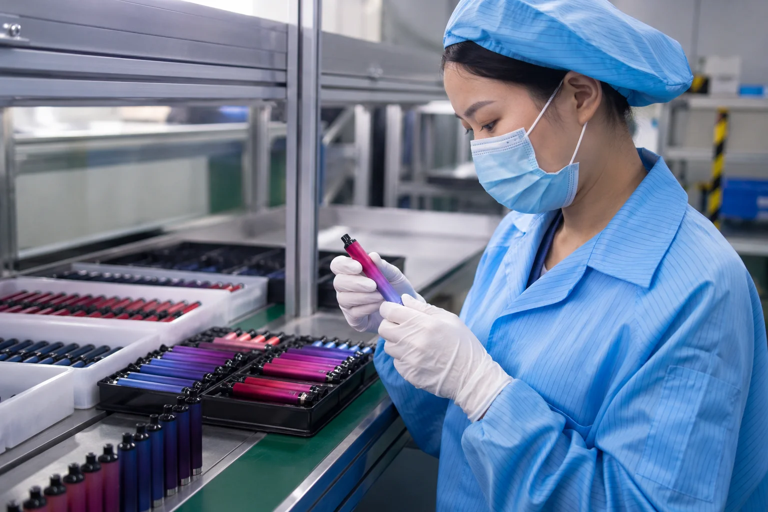 An inspector checking vapes on a production line