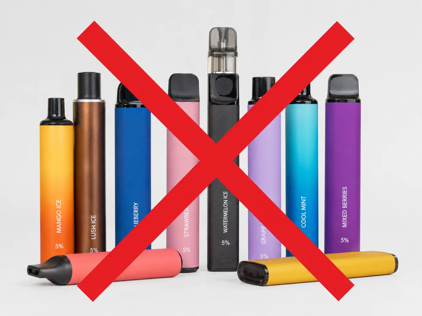 A red 'X' mark over a collection of disposable vape devices