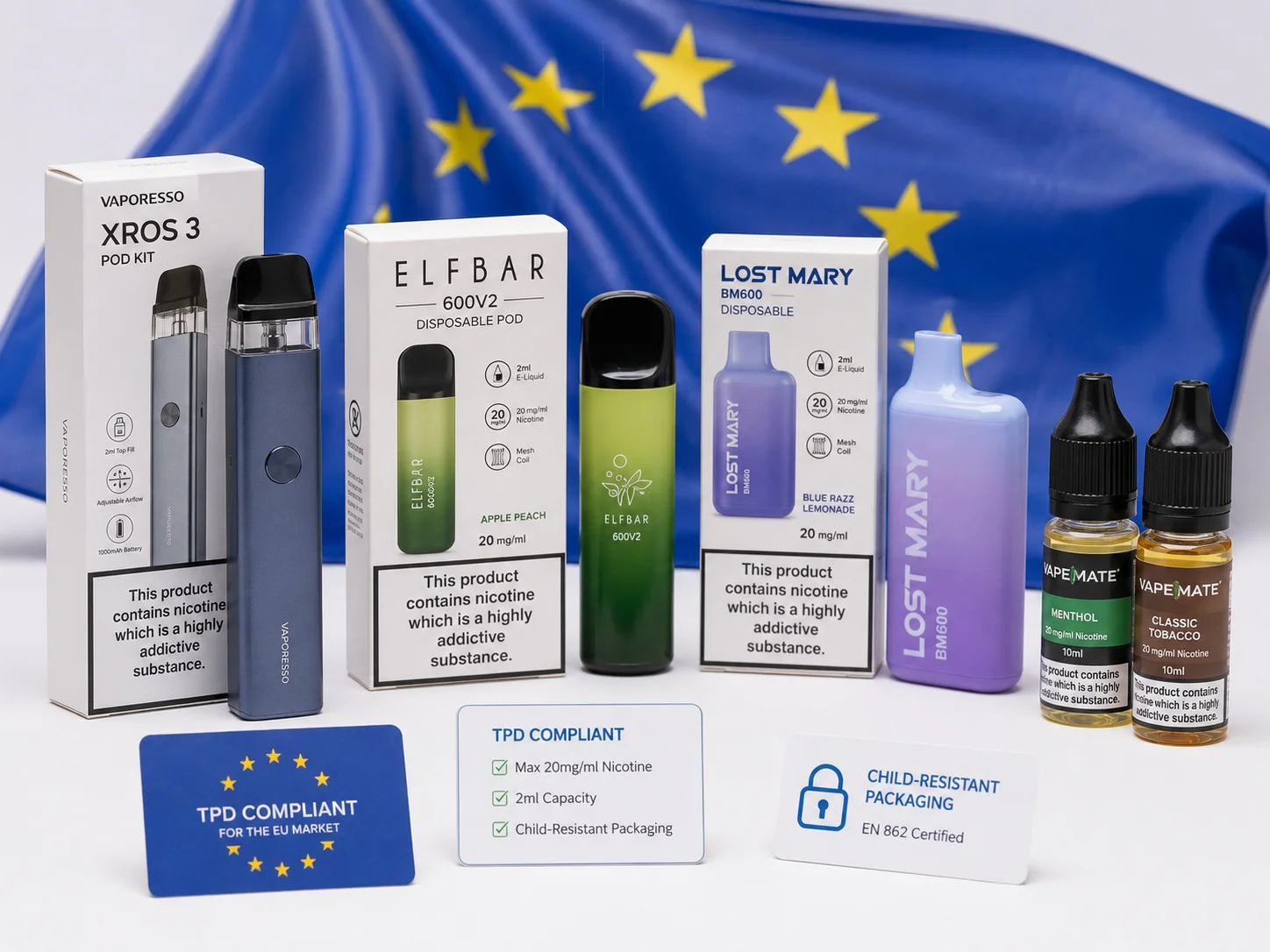 Assorted vape products including Vaporesso XROS 3, Elf Bar, Lost Mary pods, and VapeMate e-liquids, displayed with EU-compliance labels and EU flag in the background.