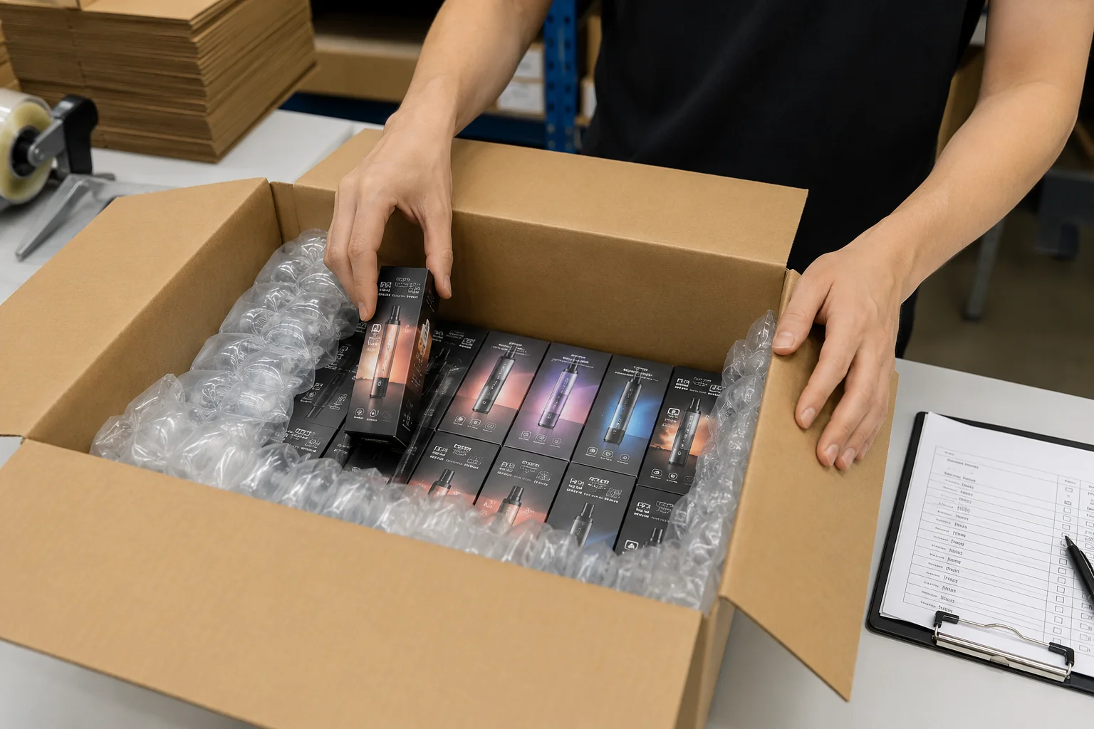 A video showing the process of packing vape orders into a shipping box