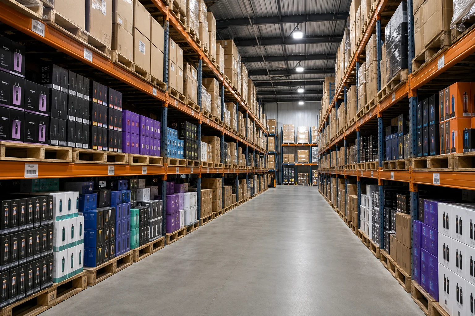 A warehouse aisle stacked high with boxes of vapes