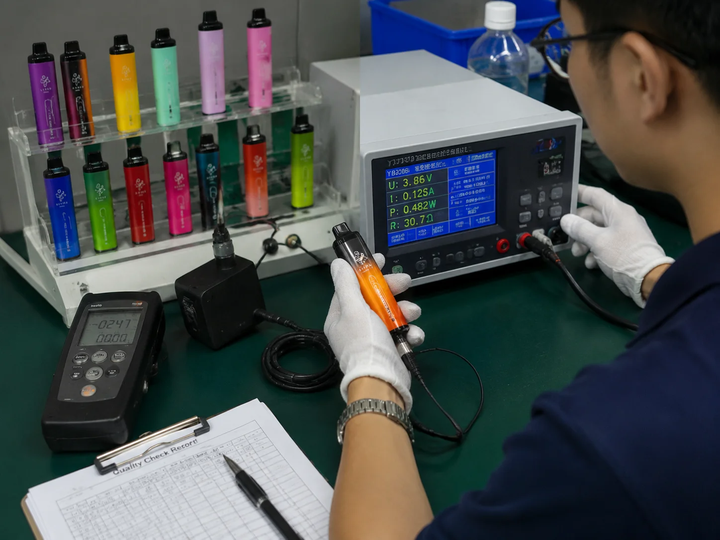 Lab technician quality-testing disposable vape devices with colorful vapes displayed on a rack, using measuring instruments and logging data.