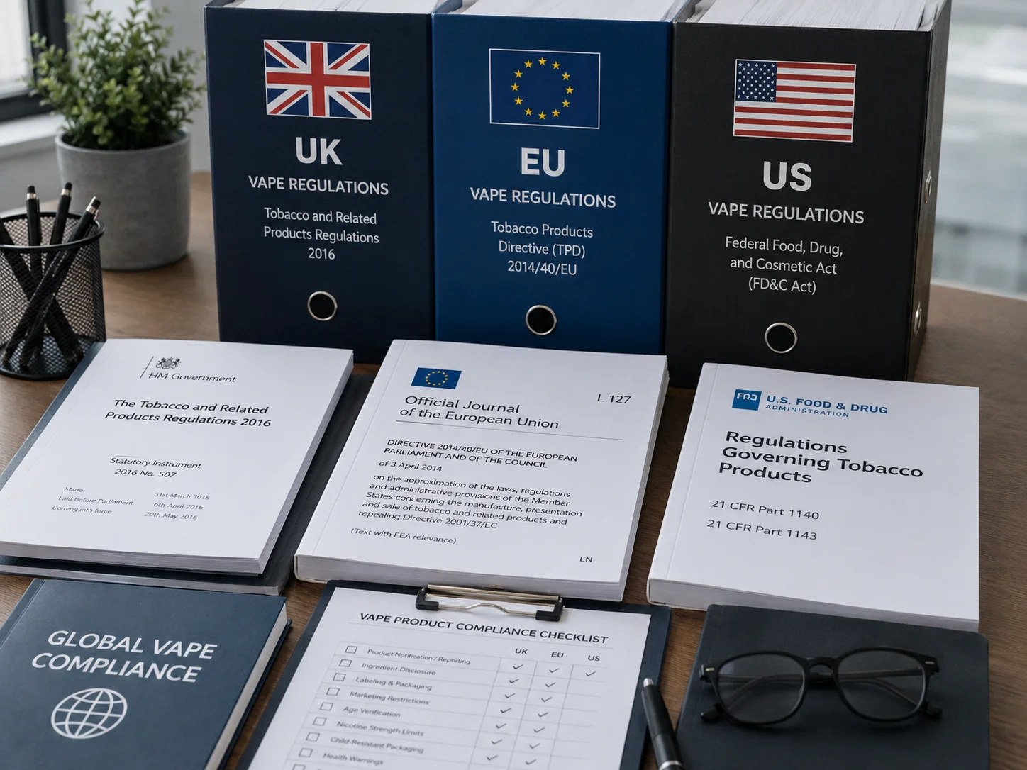 International Vape Regulations Icons representing legal documents for UK, EU, and US regulations