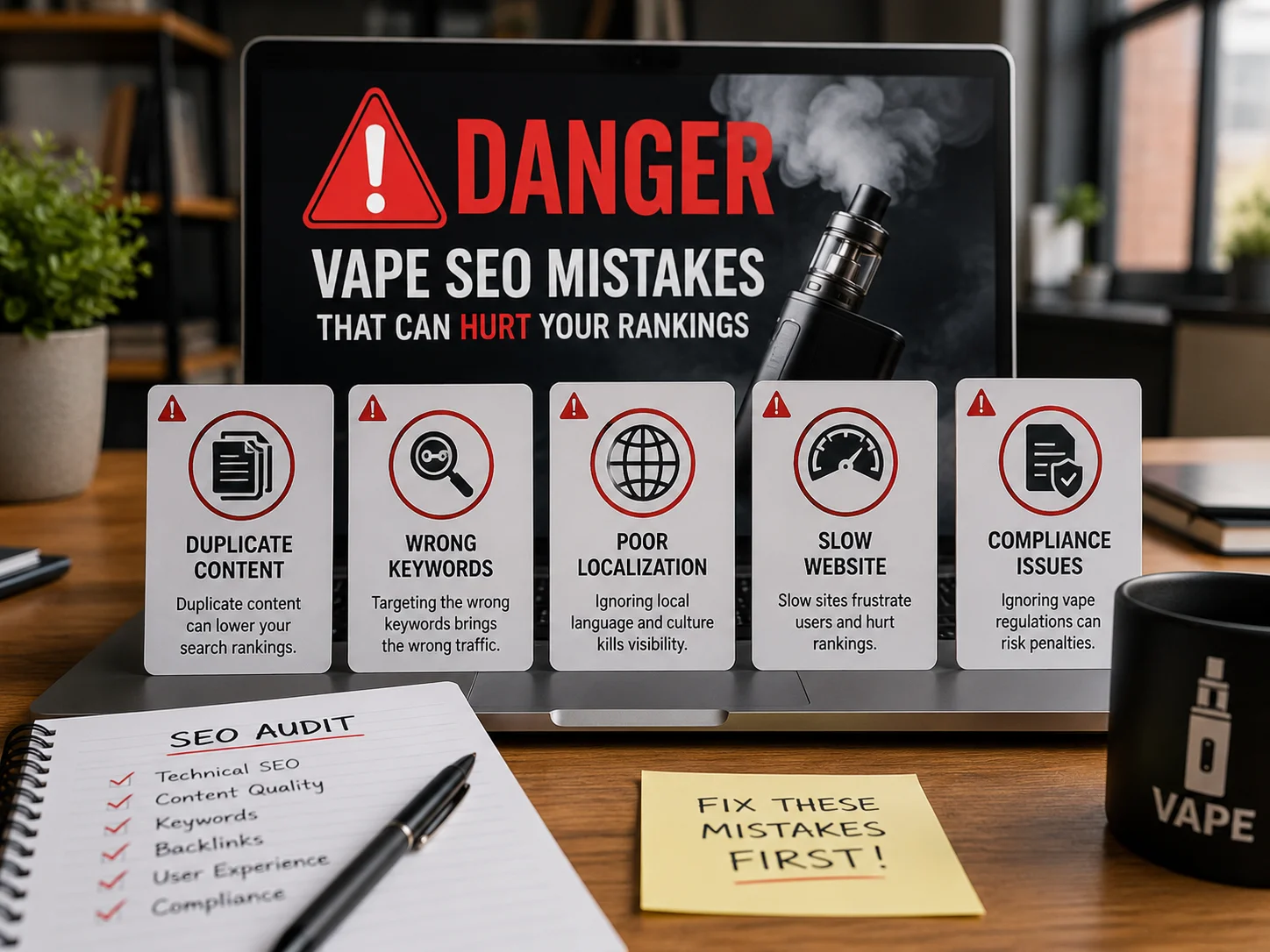Common Vape SEO Mistakes A "danger" sign with icons representing common vape SEO mistakes