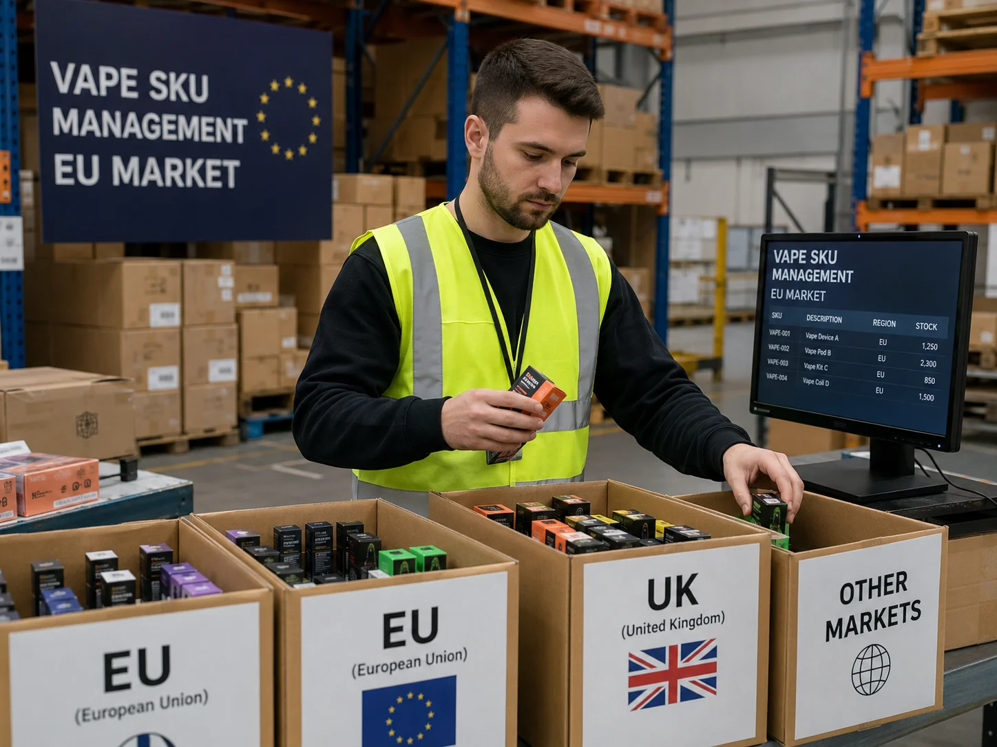 A warehouse worker sorting vape product boxes for different regions