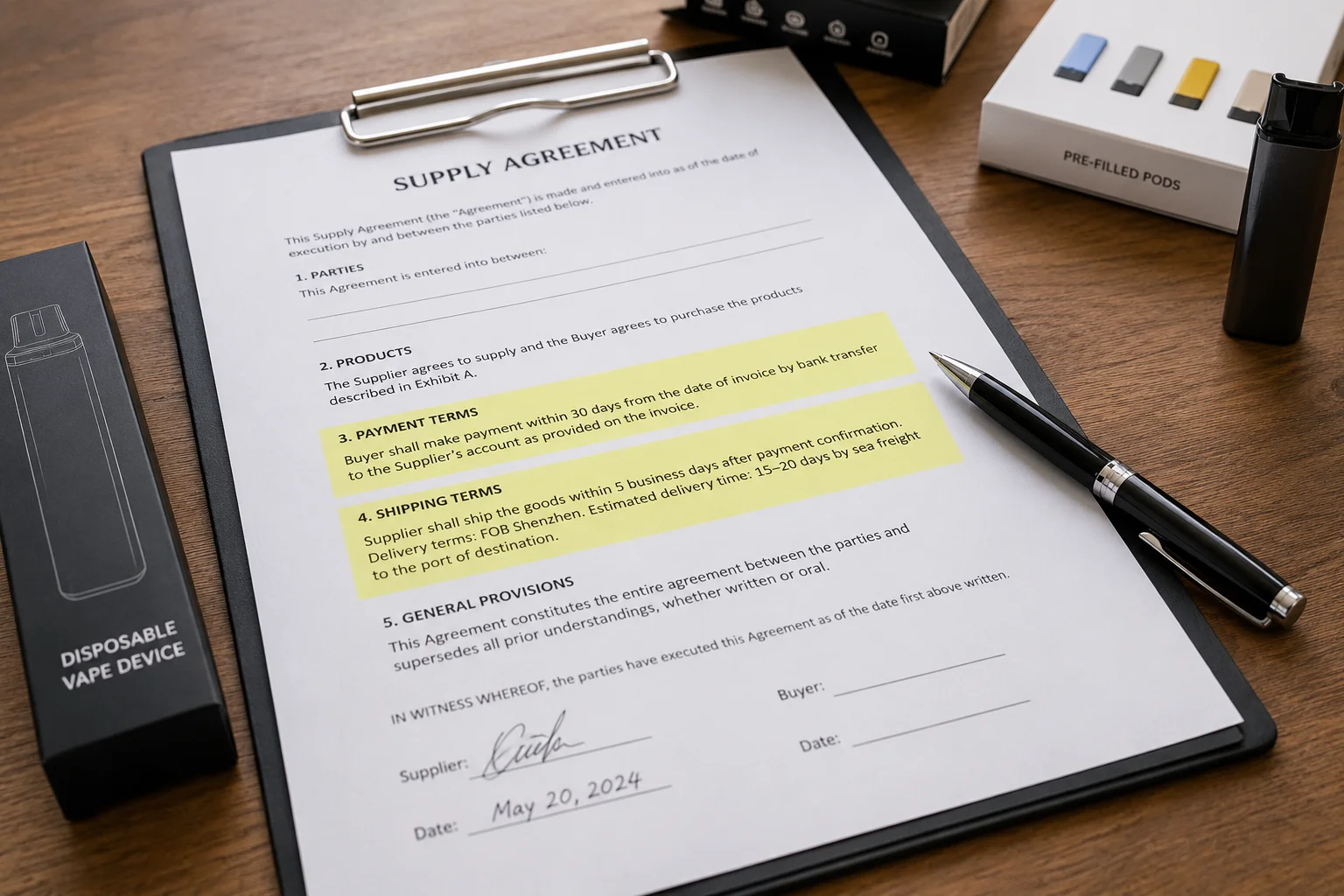 Clear Payment and Shipping Terms for Vapes A contract with payment and shipping terms highlighted and signed.