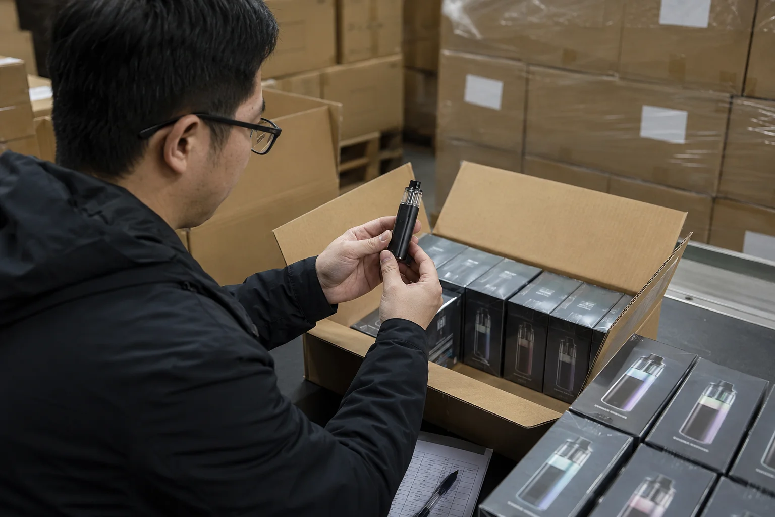 A person inspecting a vape product from a master carton