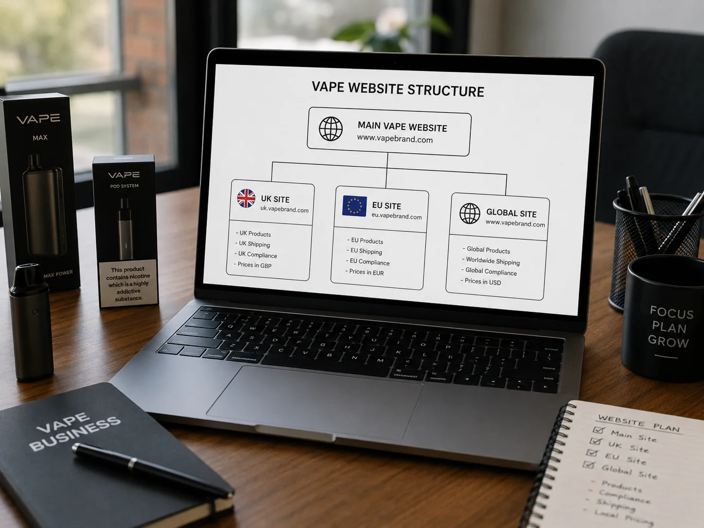Vape Website Content Structure A diagram showing a main website branching into UK, EU, and Global sub-sections