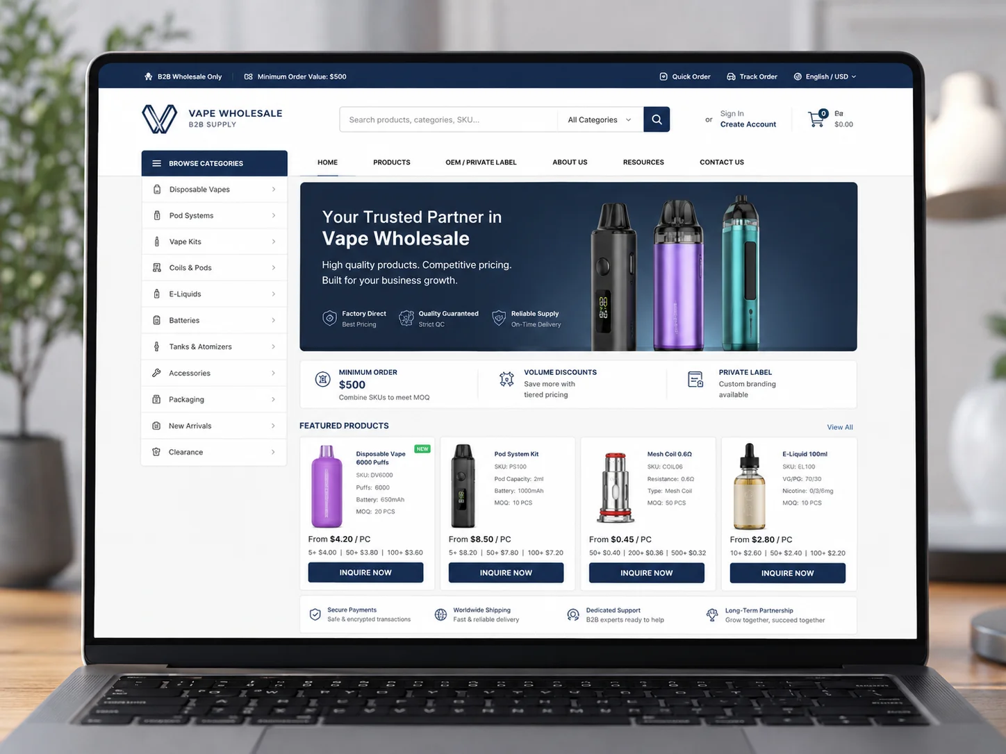 A professional B2B wholesale webpage layout