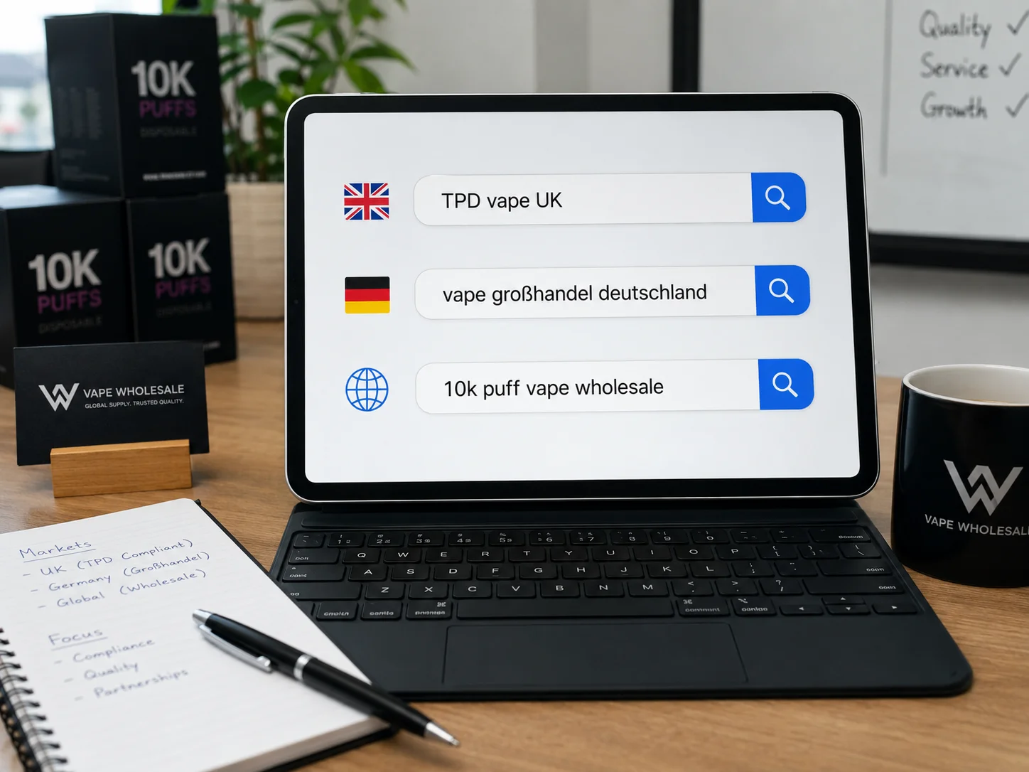 Vape Search Intent by Region Search bars showing different queries: "TPD vape UK", "vape großhandel deutschland", "10k puff vape wholesale"