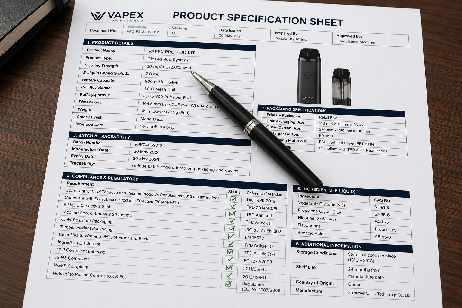 A product specification sheet with a checklist and a pen pointing to details