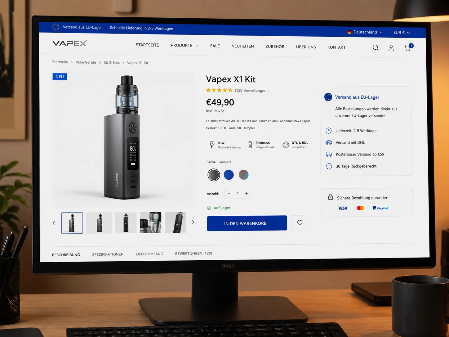 Localized Vape Product Page A product page customized for a German buyer, showing EUR prices and warehouse shipping info
