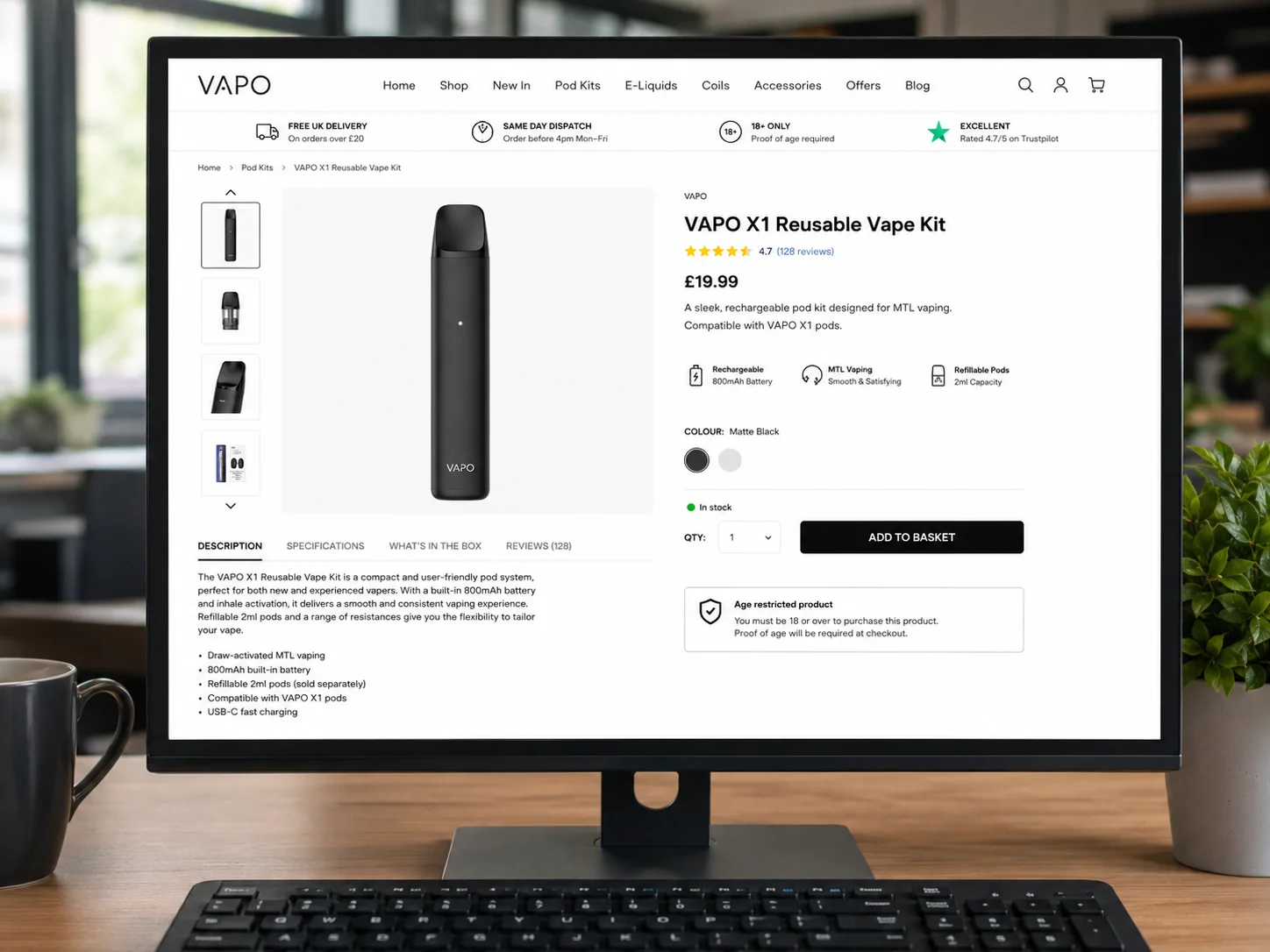 A clear and detailed product page for a reusable vape kit on a website