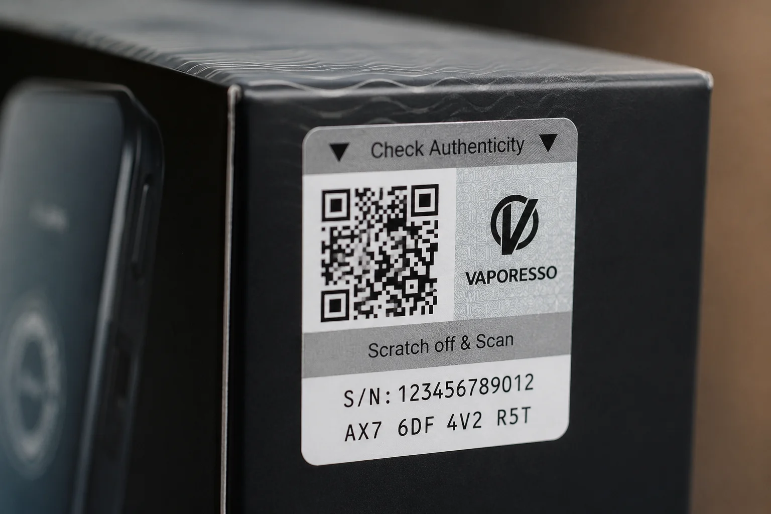 A macro shot of a QR code and authentication number on a vape box