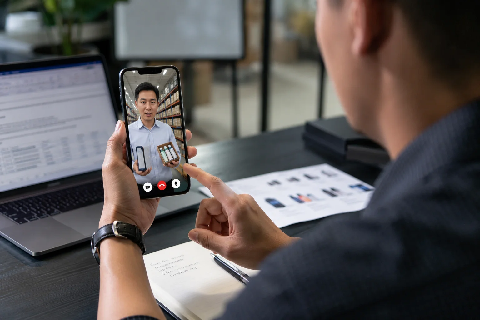 Verifying Vape Products with Supplier A buyer's phone showing a live video call with a supplier in a warehouse.