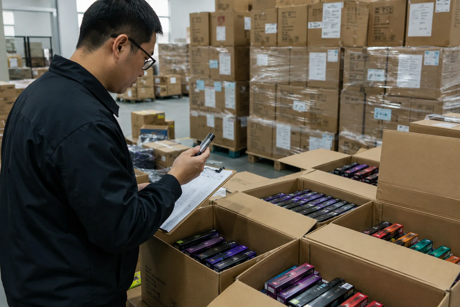 Pre-Shipment Inspection for Vapes An inspector checking boxes of vapes before shipment