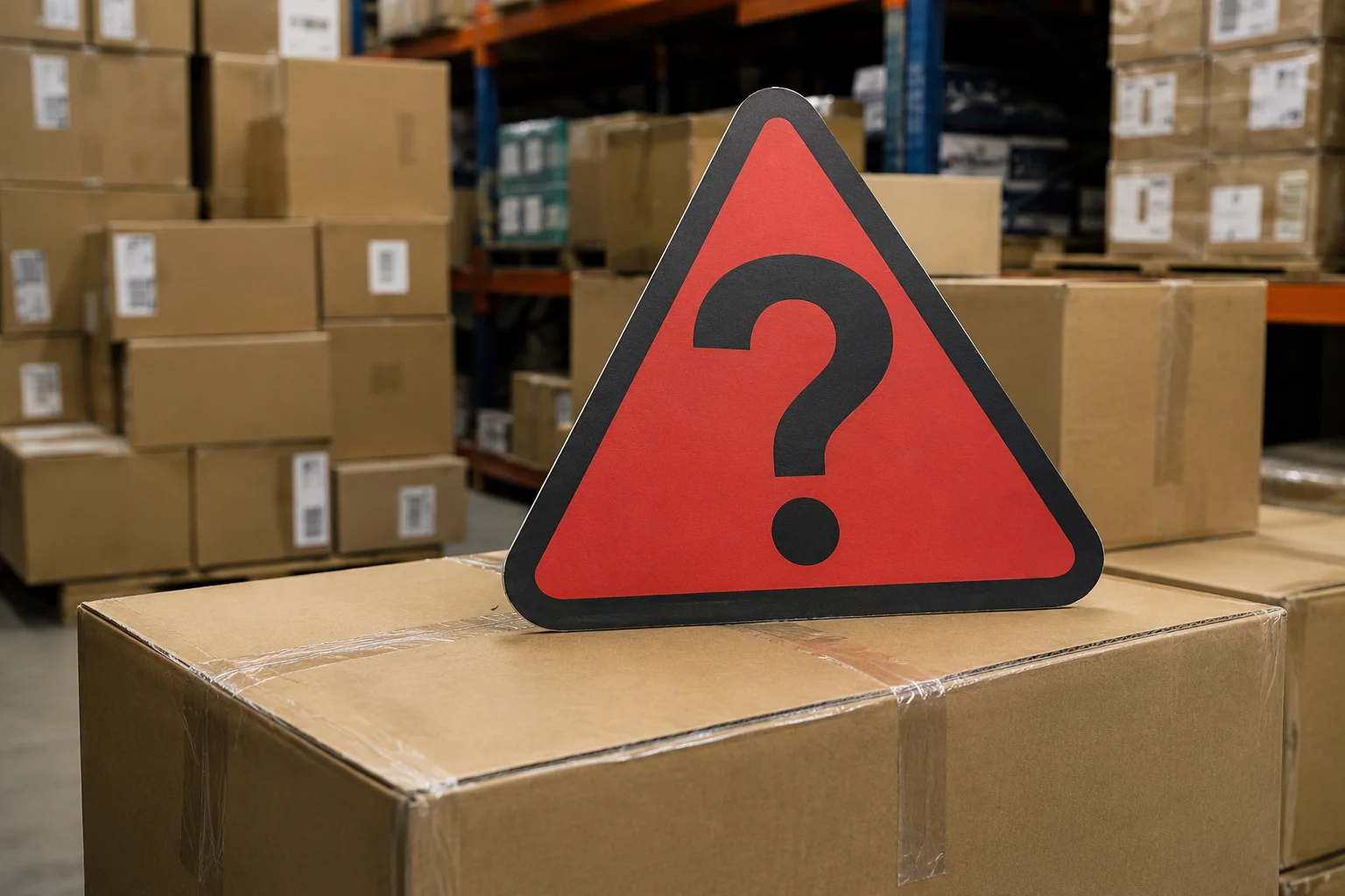 A red warning sign with a question mark on a shipping box