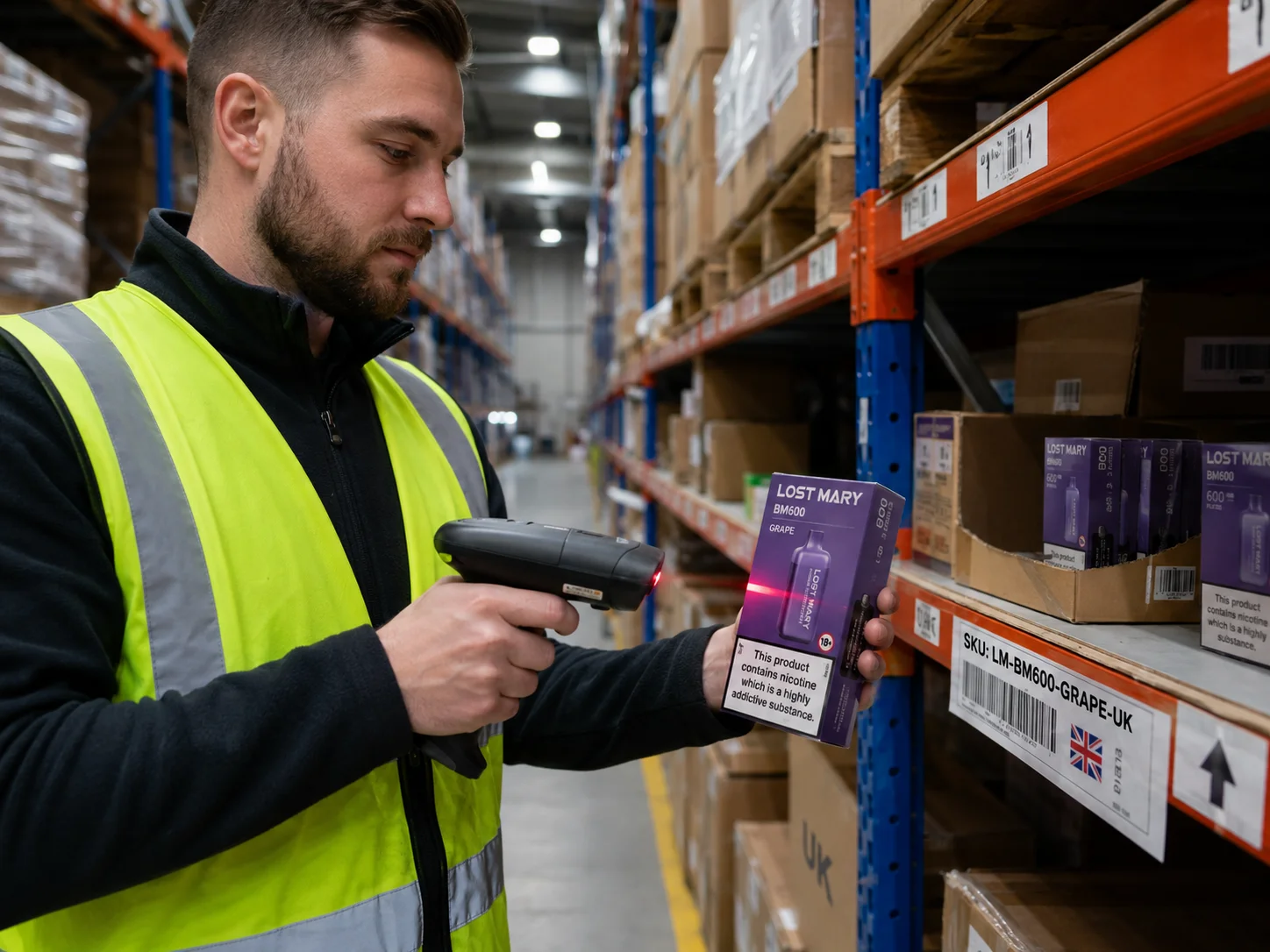 A warehouse worker scanning a product with a UK-specific SKU label