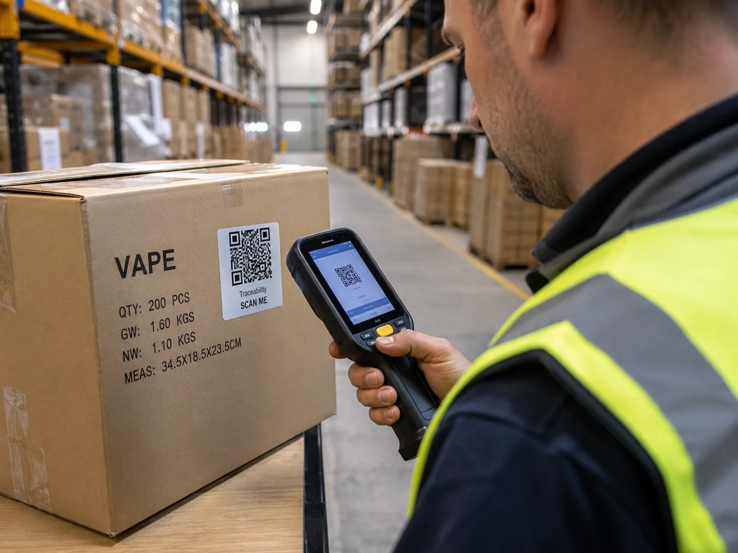 Product Traceability in Vape Wholesale A warehouse worker scanning a QR code on a box of vape products for traceability